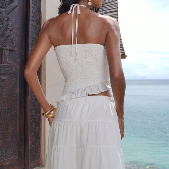 White Boho Women's Woven Neck-Tie Ruffled Trim Tank Top - Picture 2 of 7